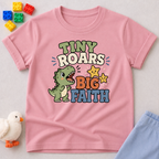 Tiny Roars Big Faith Dino Shirt Christian kids shirt in pink featuring a cute dinosaur and faith-inspired message
