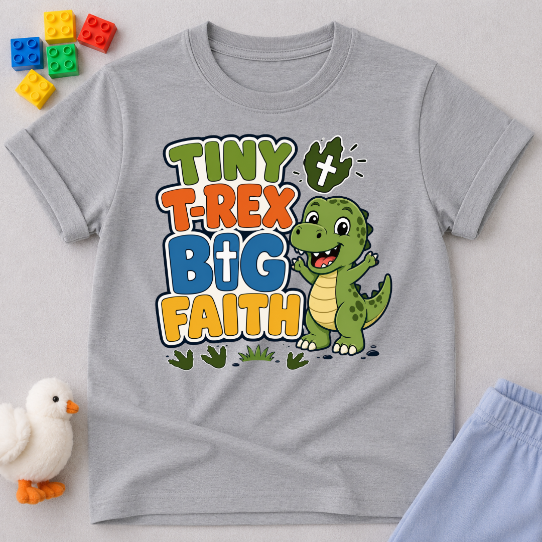 Tiny T-Rex Big Faith Christian kids shirt in gray featuring a smiling T-Rex and faith-inspired typography
