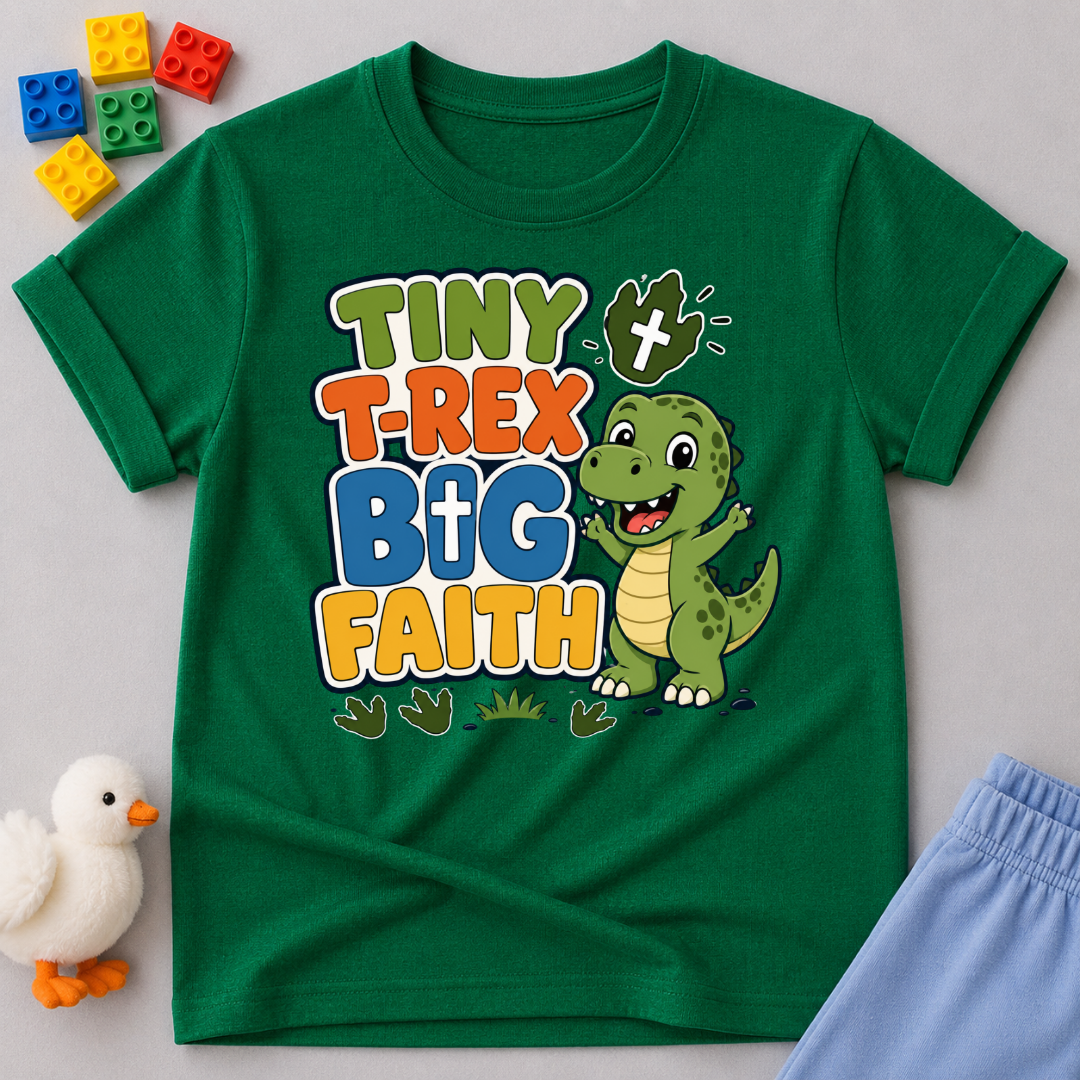 Tiny T-Rex Big Faith Christian kids shirt in green featuring a smiling T-Rex and faith-inspired typography

