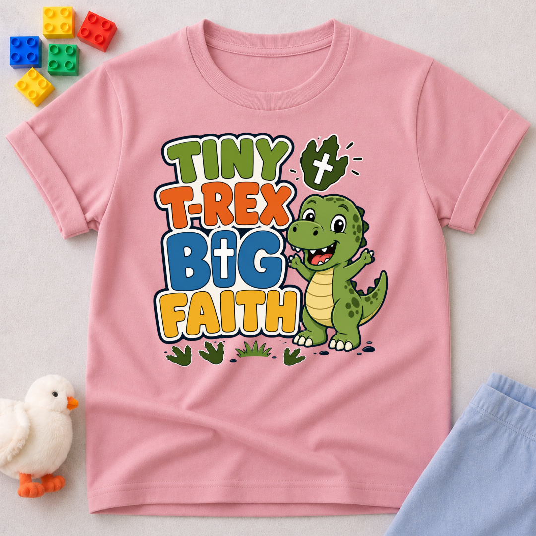 Tiny T-Rex Big Faith Christian kids shirt in pink featuring a smiling T-Rex and faith-inspired typography
