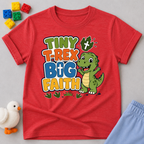Tiny T-Rex Big Faith Christian kids shirt in red featuring a smiling T-Rex and faith-inspired typography
