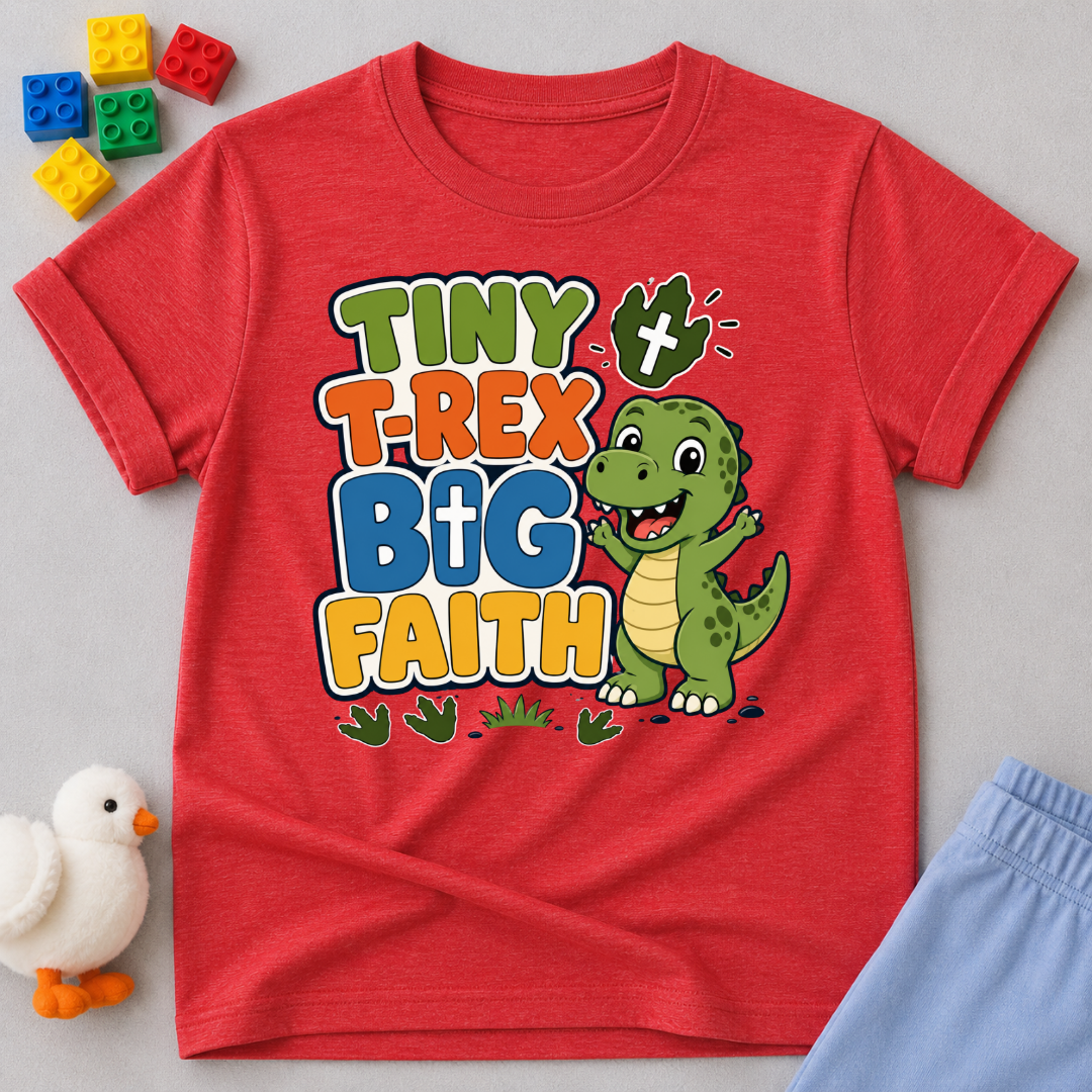 Tiny T-Rex Big Faith Christian kids shirt in red featuring a smiling T-Rex and faith-inspired typography
