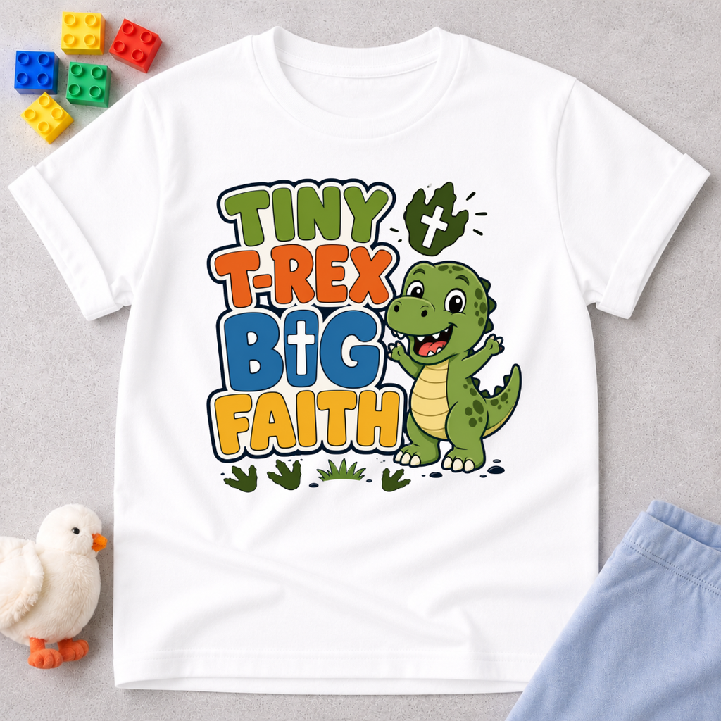 Tiny T-Rex Big Faith Christian kids shirt in white featuring a smiling T-Rex and faith-inspired typography

