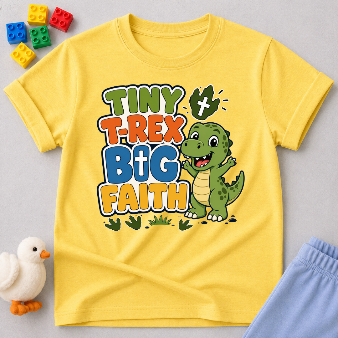 Tiny T-Rex Big Faith Christian kids shirt in yellow featuring a smiling T-Rex and faith-inspired typography
