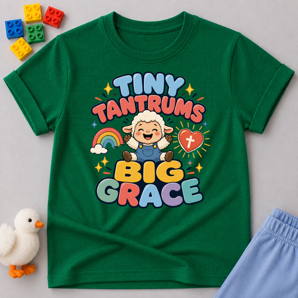 Tiny Tantrums Big Grace Christian kids shirt in green featuring a smiling child and heart
