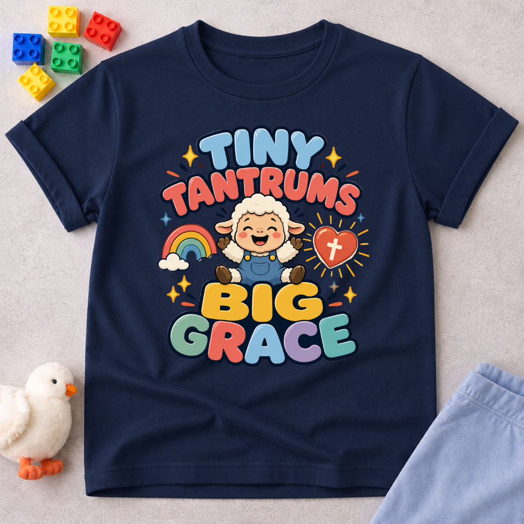 Tiny Tantrums Big Grace Christian kids shirt in navy featuring a smiling child and heart
