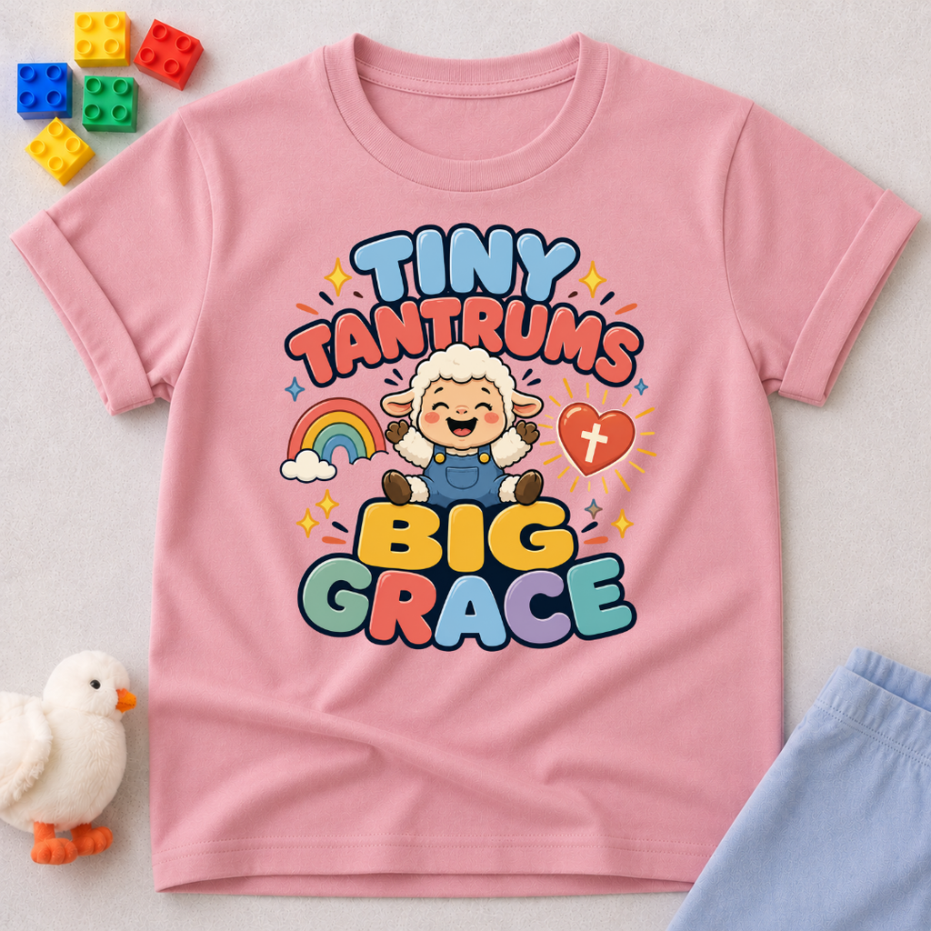 Tiny Tantrums Big Grace Christian kids shirt in pink featuring a smiling child and heart

