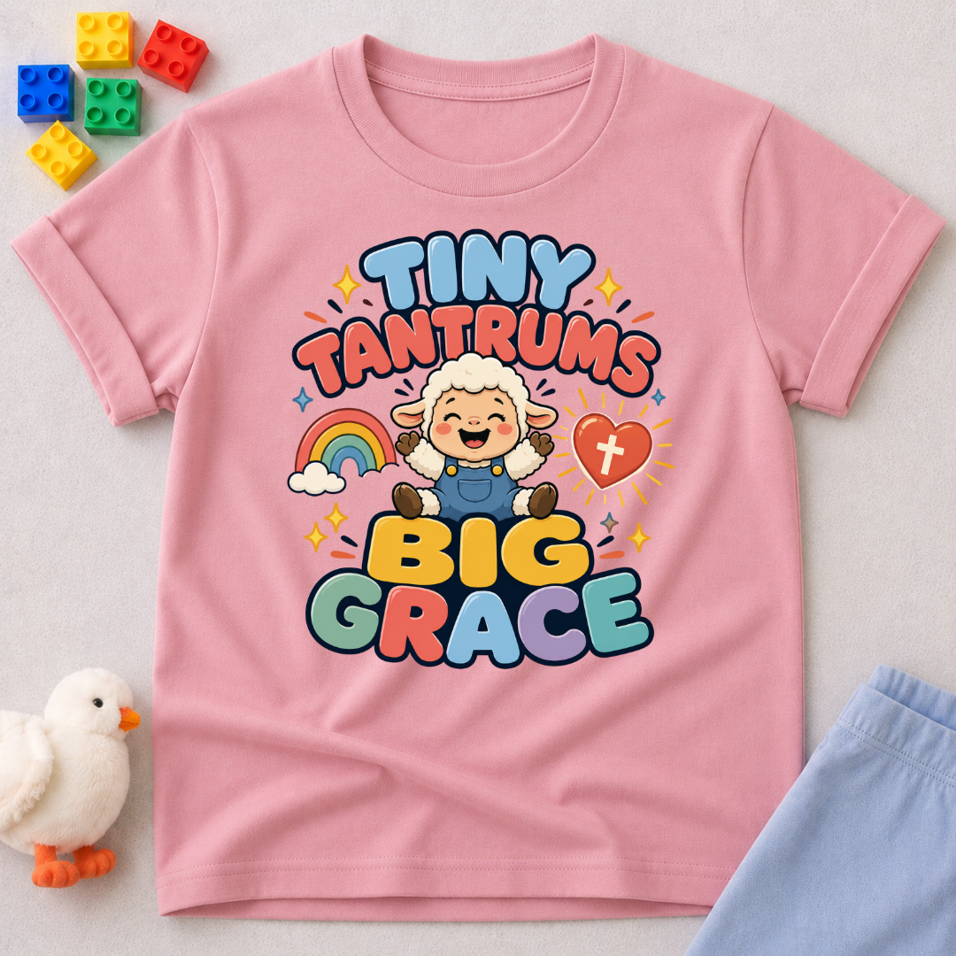 Tiny Tantrums Big Grace Christian kids shirt in pink featuring a smiling child and heart
