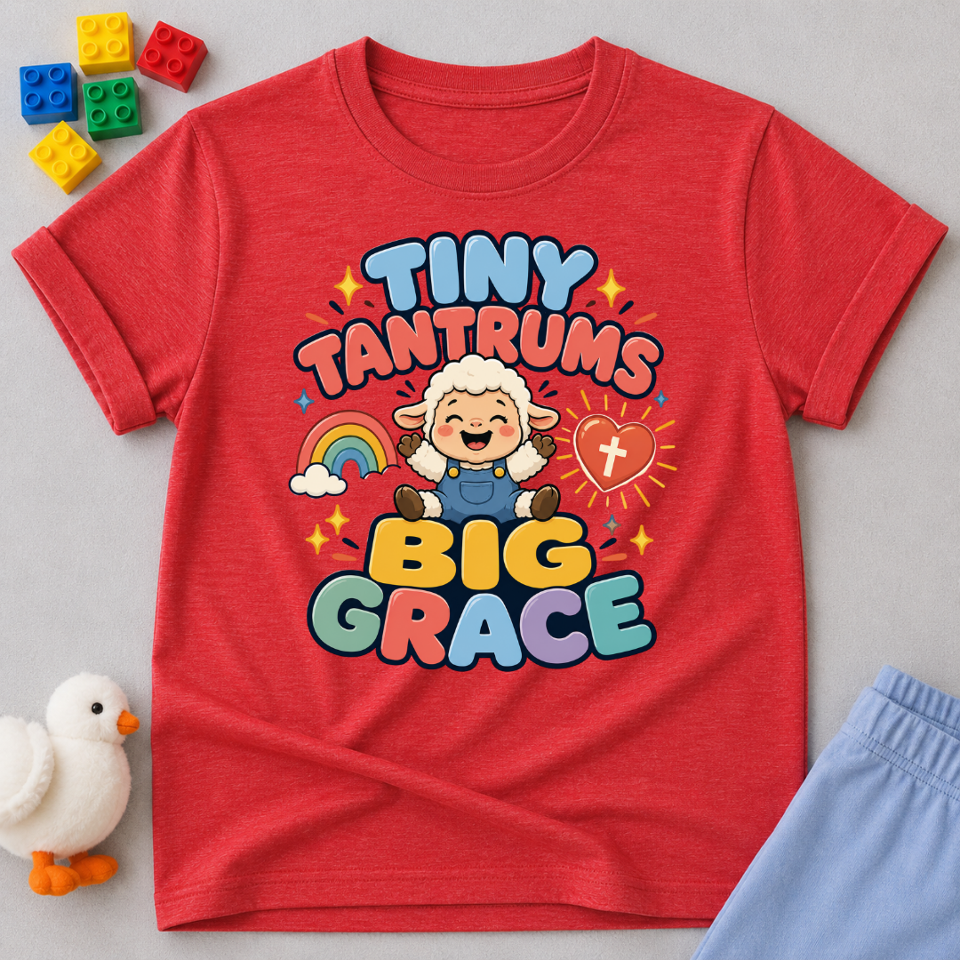 Tiny Tantrums Big Grace Christian kids shirt in red featuring a smiling child and heart
