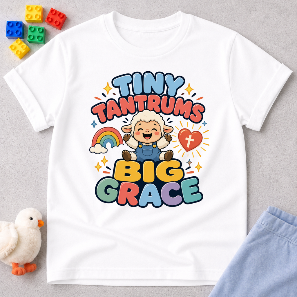 Tiny Tantrums Big Grace Christian kids shirt in white featuring a smiling child and heart
