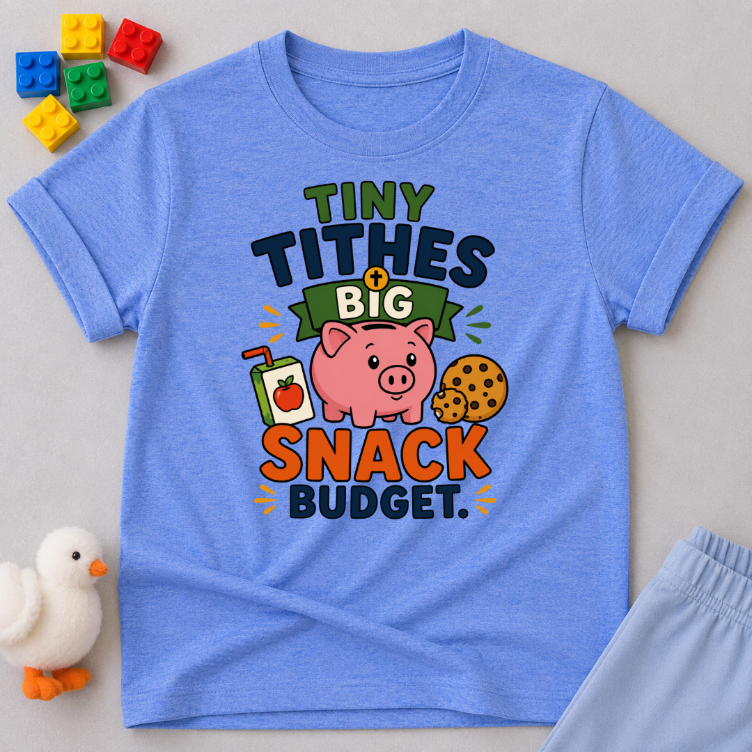 Tiny Tithes Big Snack Budget Christian kids shirt in blue featuring a piggy bank and snack illustrations
