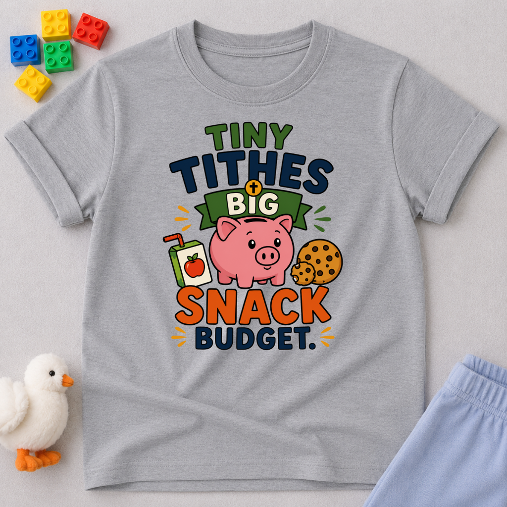 Tiny Tithes Big Snack Budget Christian kids shirt in gray featuring a piggy bank and snack illustrations
