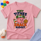 Tiny Tithes Big Snack Budget Christian kids shirt in pink featuring a piggy bank and snack illustrations
