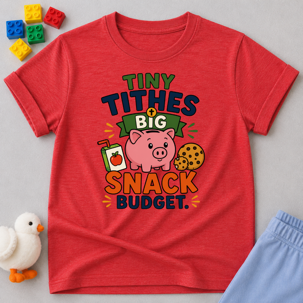 Tiny Tithes Big Snack Budget Christian kids shirt in red featuring a piggy bank and snack illustrations
