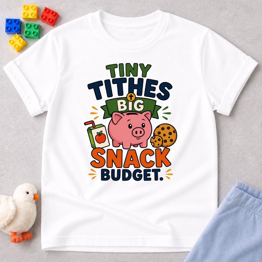 Tiny Tithes Big Snack Budget Christian kids shirt in white featuring a piggy bank and snack illustrations
