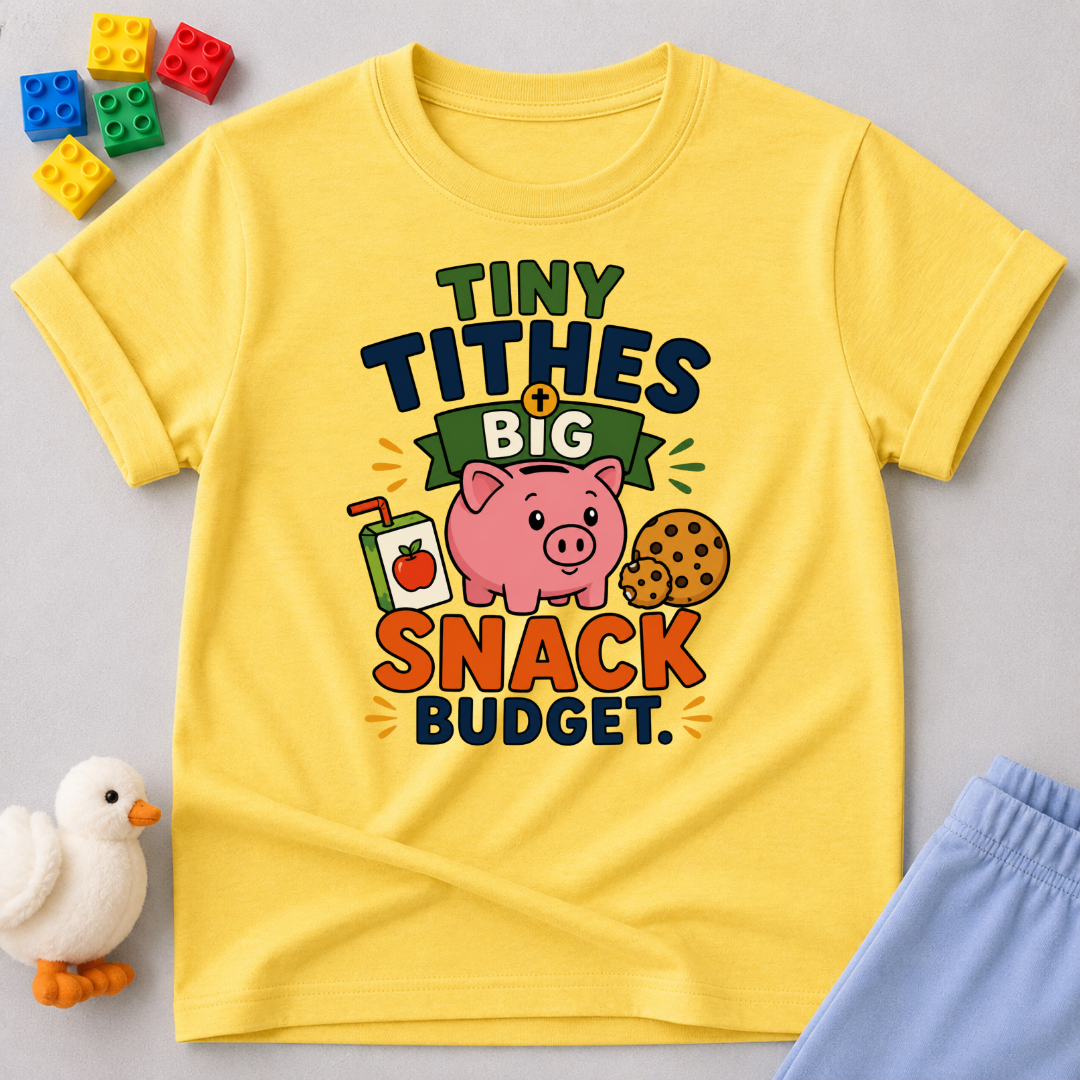 Tiny Tithes Big Snack Budget Christian kids shirt in yellow featuring a piggy bank and snack illustrations
