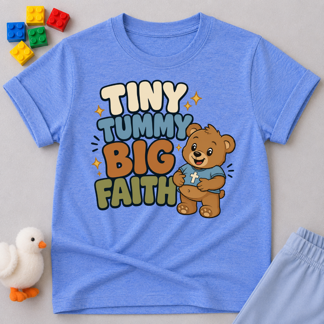 Tiny Tummy Big Faith Bear Christian kids shirt in blue featuring an adorable teddy bear
