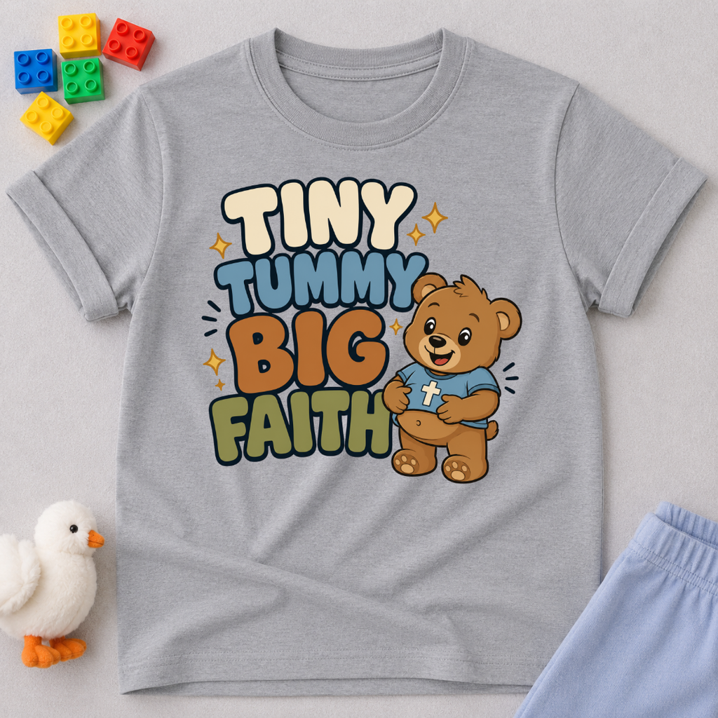 Tiny Tummy Big Faith Bear Christian kids shirt in gray featuring an adorable teddy bear
