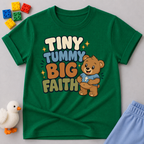 Tiny Tummy Big Faith Bear Christian kids shirt in green featuring an adorable teddy bear
