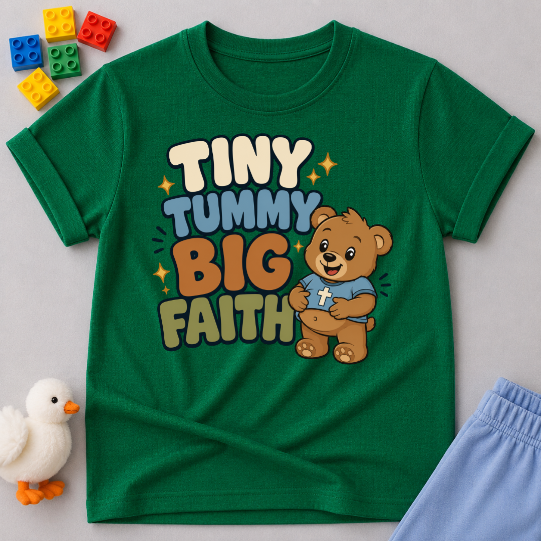 Tiny Tummy Big Faith Bear Christian kids shirt in green featuring an adorable teddy bear
