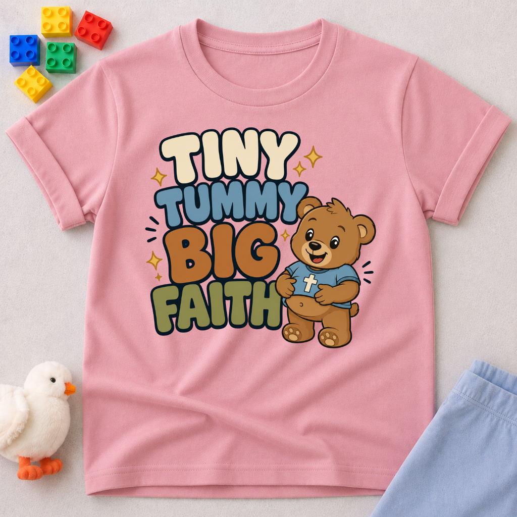 Tiny Tummy Big Faith Bear Christian kids shirt in pink featuring an adorable teddy bear

