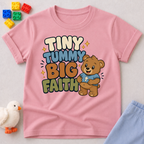 Tiny Tummy Big Faith Bear Christian kids shirt in pink featuring an adorable teddy bear

