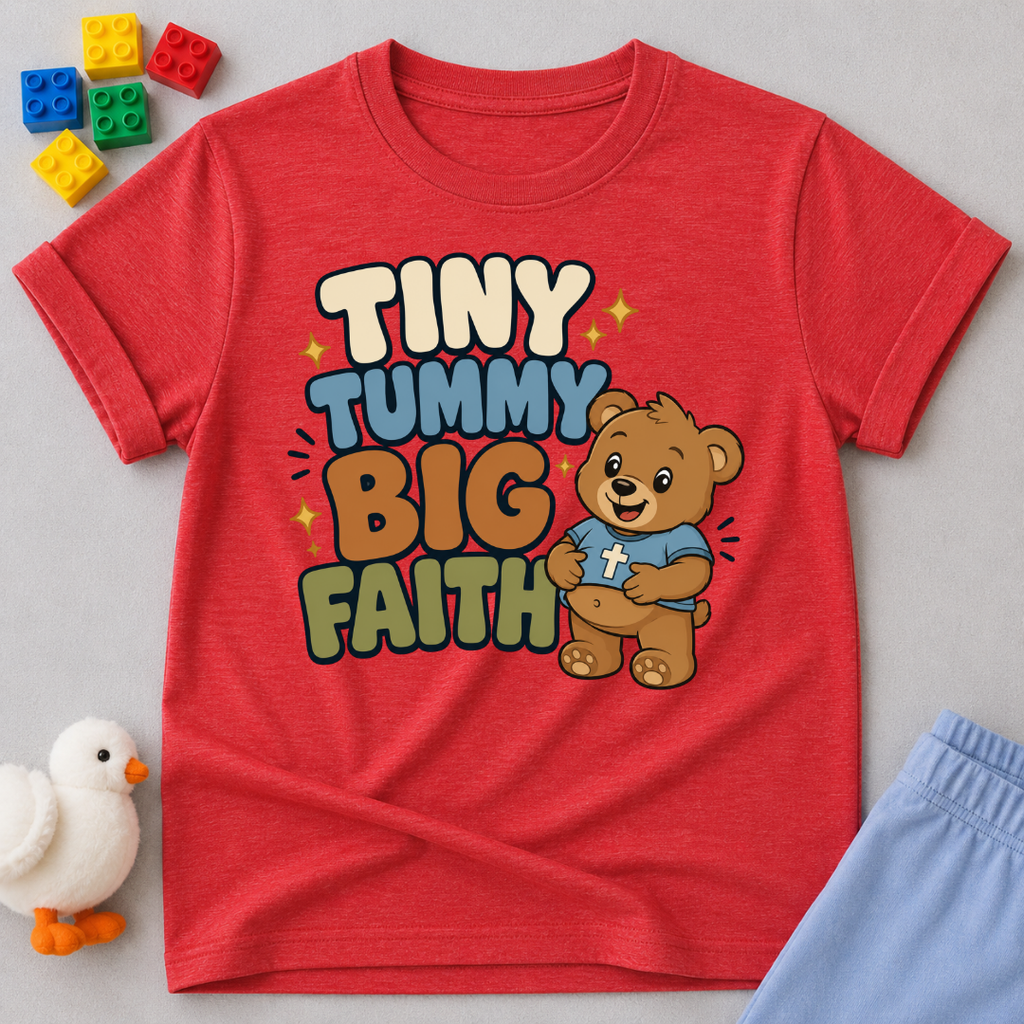 Tiny Tummy Big Faith Bear Christian kids shirt in red featuring an adorable teddy bear
