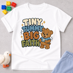 Tiny Tummy Big Faith Bear Christian kids shirt in white featuring an adorable teddy bear
