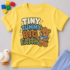 Tiny Tummy Big Faith Bear Christian kids shirt in yellow featuring an adorable teddy bear
