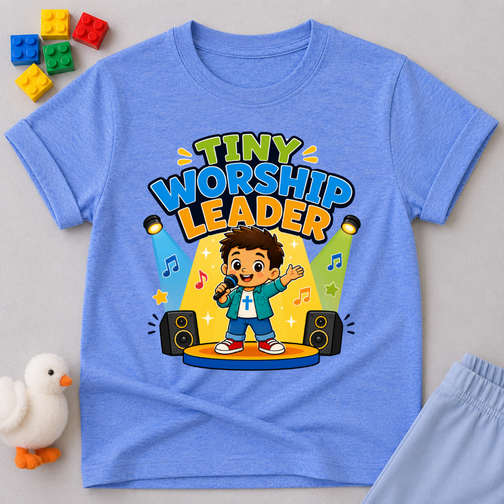 Tiny Worship Leader Christian kids shirt in blue featuring a child singing on stage
