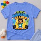 Tiny Worship Leader Christian kids shirt in blue featuring a child singing on stage
