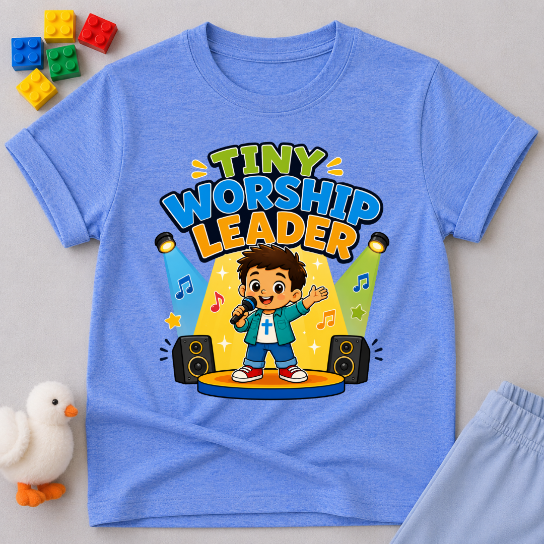 Tiny Worship Leader Christian kids shirt in blue featuring a child singing on stage
