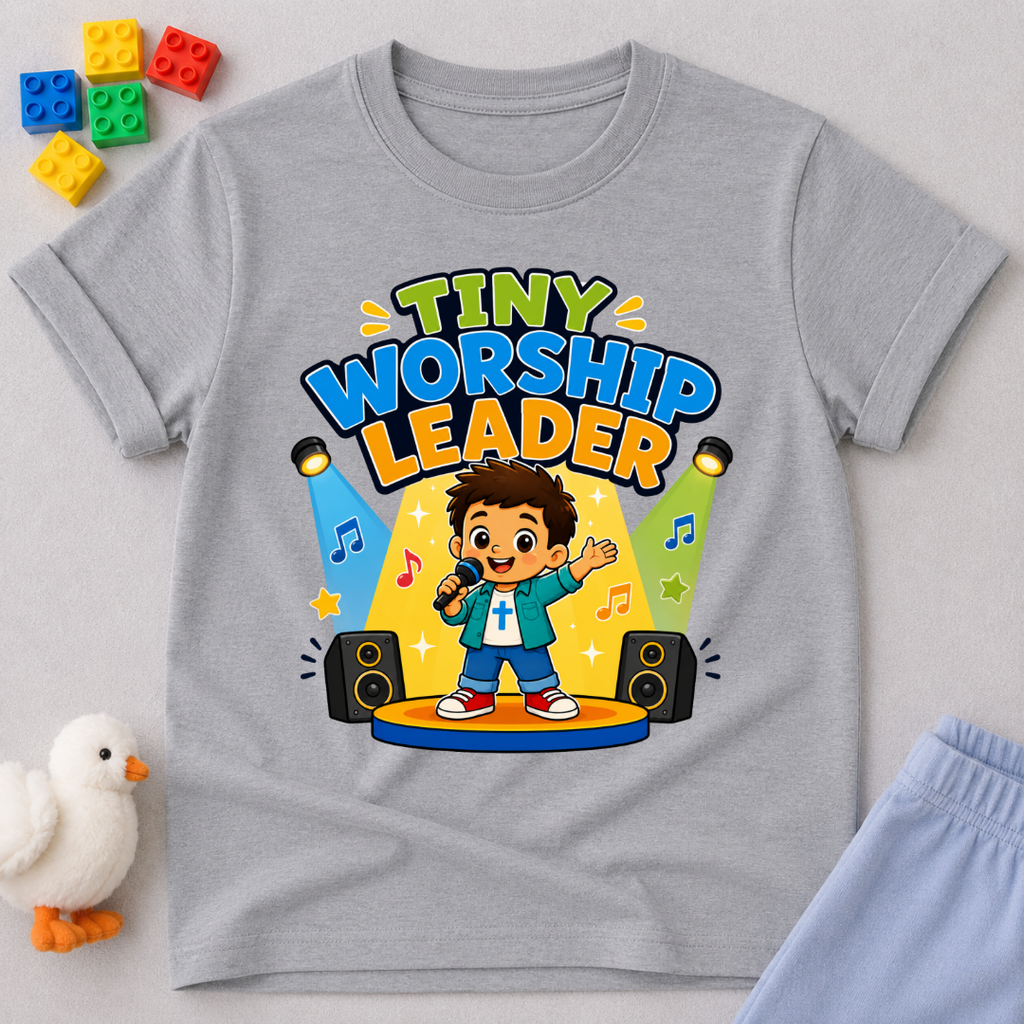 Tiny Worship Leader Christian kids shirt in gray featuring a child singing on stage
