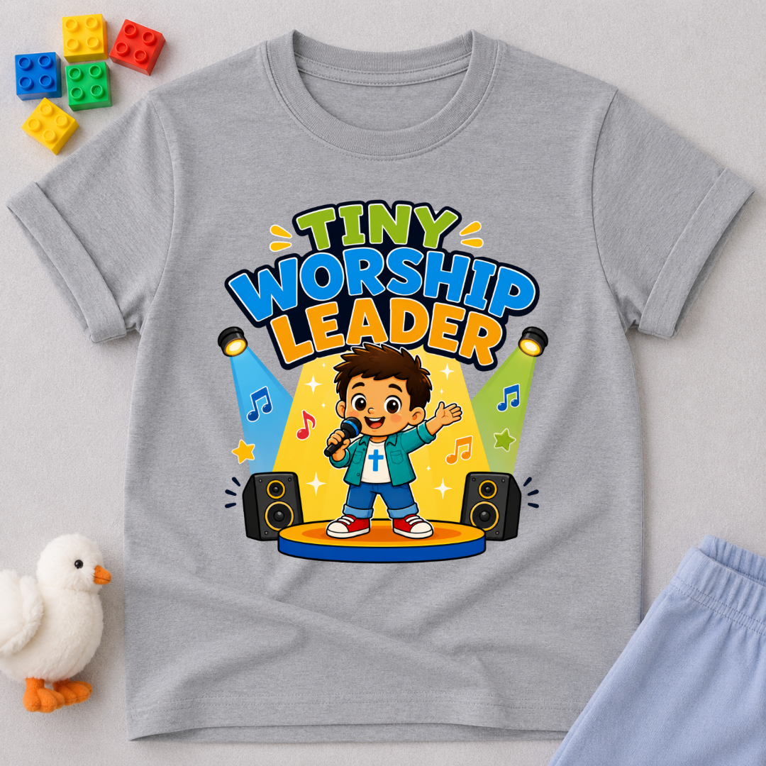 Tiny Worship Leader Christian kids shirt in gray featuring a child singing on stage

