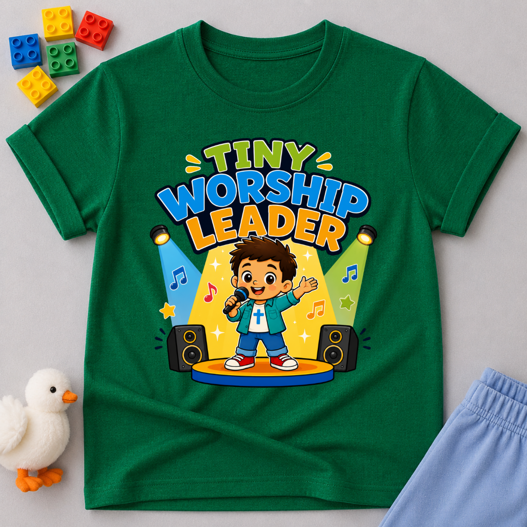 Tiny Worship Leader Christian kids shirt in green featuring a child singing on stage
