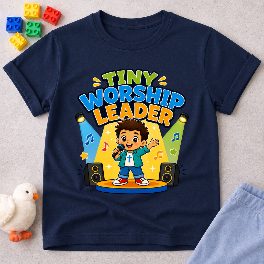 Tiny Worship Leader Christian kids shirt in navy featuring a child singing on stage
