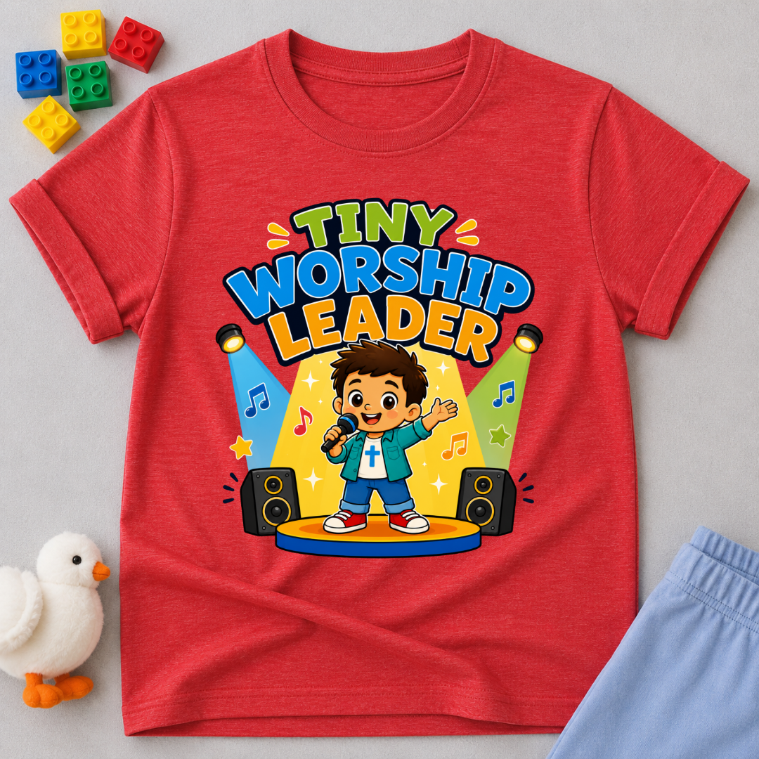 Tiny Worship Leader Christian kids shirt in red featuring a child singing on stage
