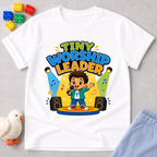 Tiny Worship Leader Christian kids shirt in white featuring a child singing on stage
