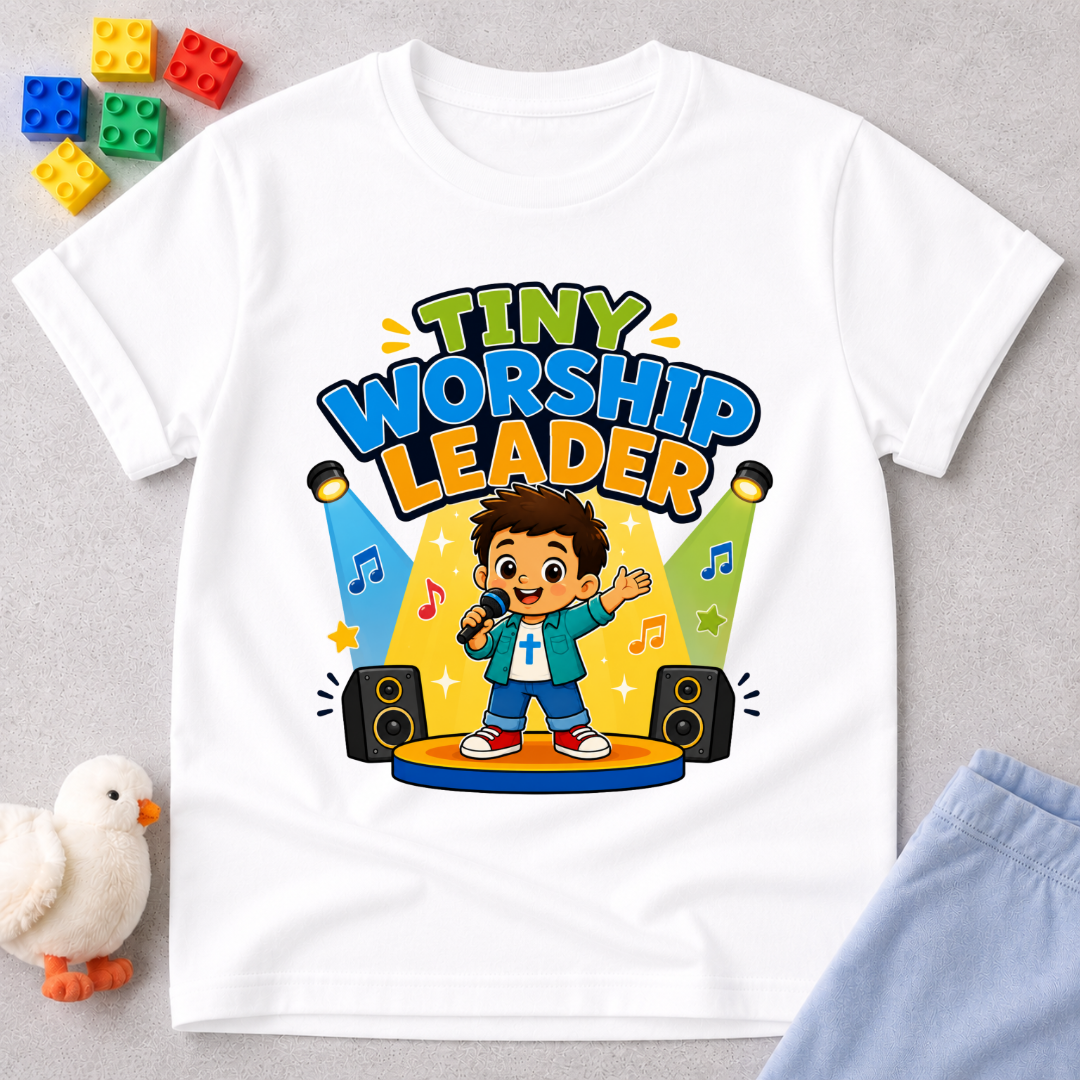 Tiny Worship Leader Christian kids shirt in white featuring a child singing on stage
