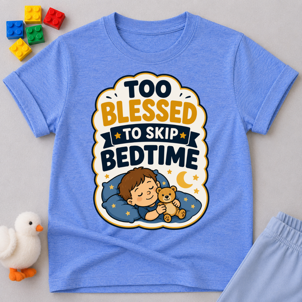 Too Blessed to Skip Bedtime Christian kids shirt in blue featuring a sleepy child hugging a teddy bear

