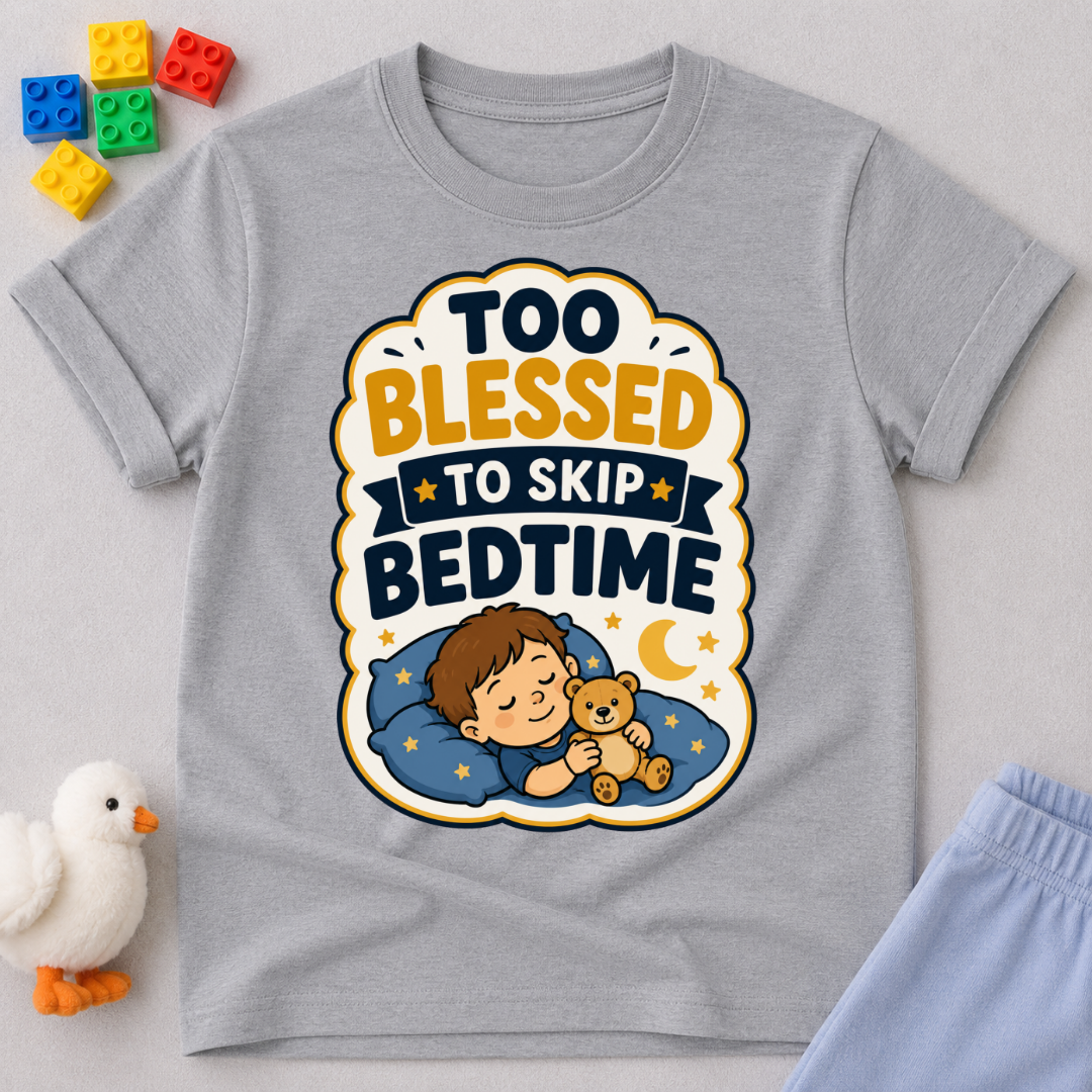 Too Blessed to Skip Bedtime Christian kids shirt in gray featuring a sleepy child hugging a teddy bear
