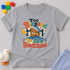Too Blessed to Skip Bedtime Christian kids shirt in gray featuring a sleepy teddy bear and cozy bedtime design
