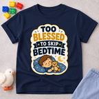 Too Blessed to Skip Bedtime Christian kids shirt in navy featuring a sleepy child hugging a teddy bear
