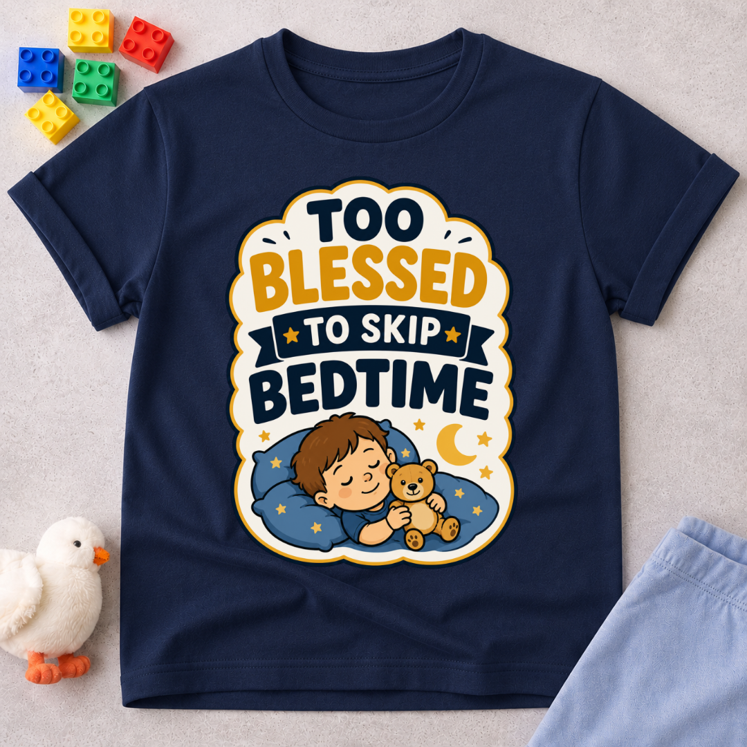 Too Blessed to Skip Bedtime Christian kids shirt in navy featuring a sleepy child hugging a teddy bear
