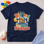 Too Blessed to Skip Bedtime Christian kids shirt in navy featuring a sleepy teddy bear and cozy bedtime design
