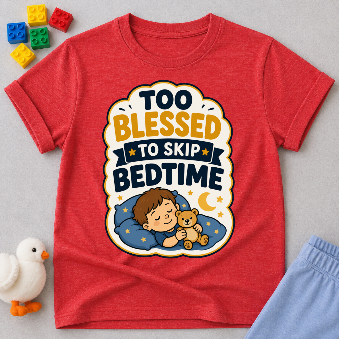 Too Blessed to Skip Bedtime Christian kids shirt in red featuring a sleepy child hugging a teddy bear
