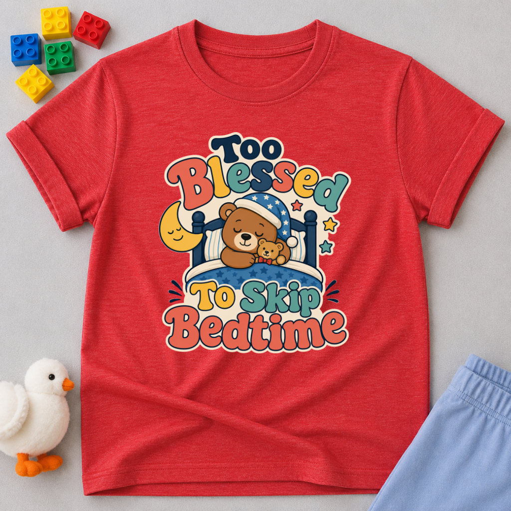 Too Blessed to Skip Bedtime Christian kids shirt in red featuring a sleepy teddy bear and cozy bedtime design
