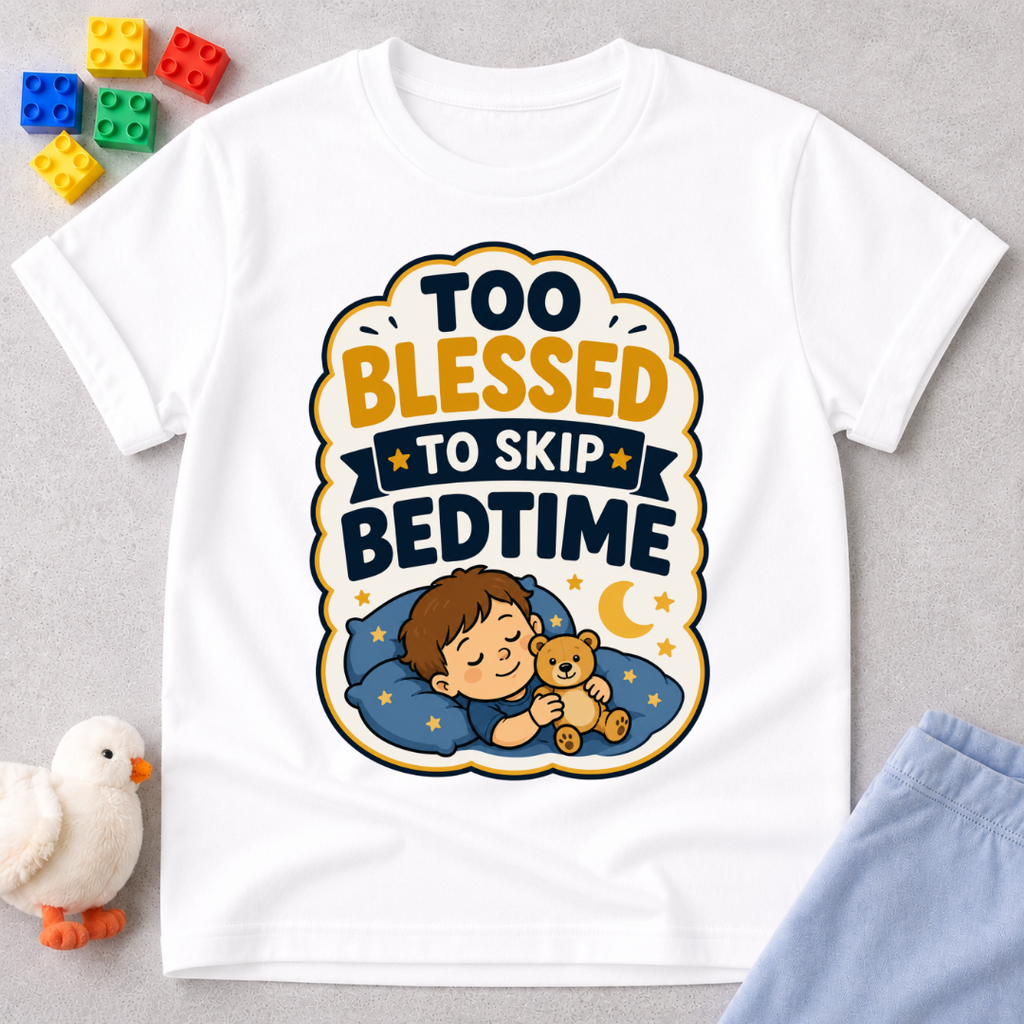 Too Blessed to Skip Bedtime Christian kids shirt in white featuring a sleepy child hugging a teddy bear

