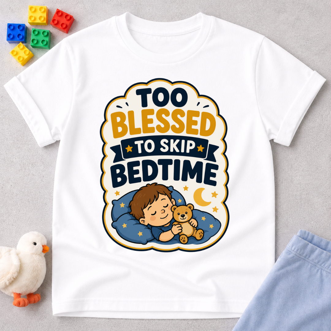Too Blessed to Skip Bedtime Christian kids shirt in white featuring a sleepy child hugging a teddy bear
