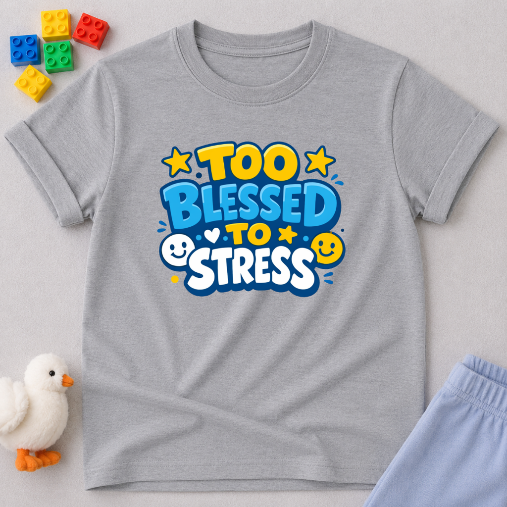 Too Blessed To Stress Christian kids shirt in Gray featuring colorful faith-inspired typography design